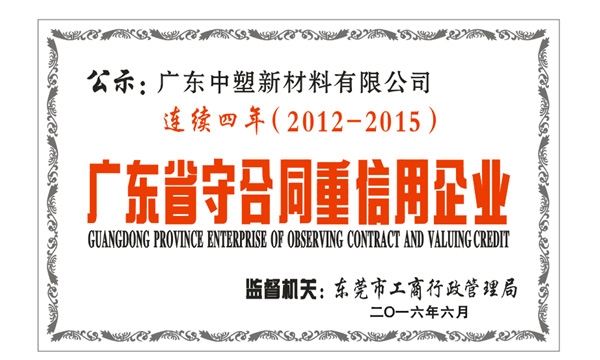 诚信中塑, 您值得信赖的合作伙伴  ——中塑连续四年获“守合同重信用”企业荣誉称号”